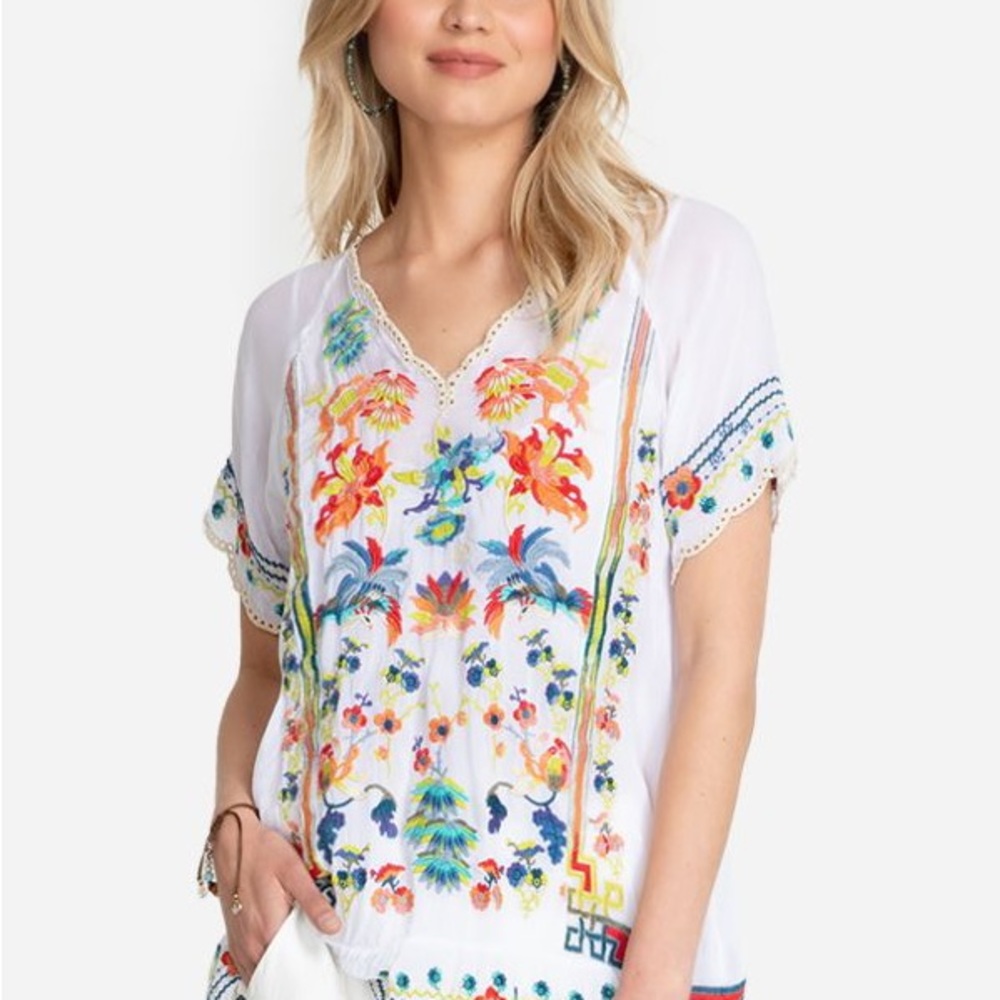 JOHNNY WAS BLUE SKY EMBROIDERED BOHO TOP BLOUSE